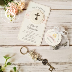 Set Estampitas Allegra con Llavero Llave de San Benito en Bolsita con Tag (precio por docena)