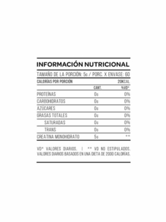 Etiqueta nutricional de creatina monohidratada con información de calorías, proteínas, carbohidratos, azúcares y grasas