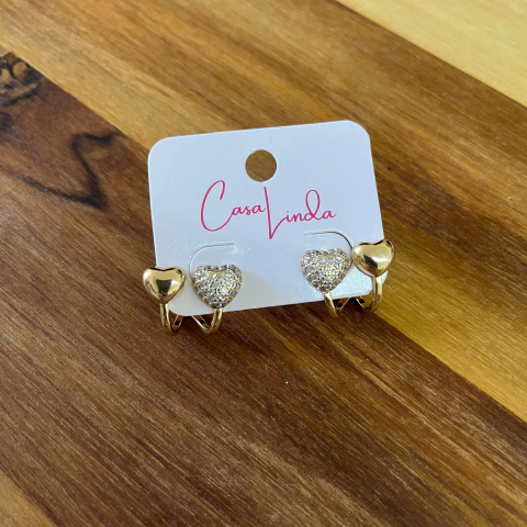 Brinco 2 Corações com Zircônia - Banhado a Ouro 18K