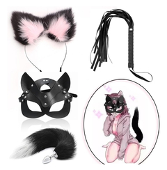 Kit plug cola zorro negra con máscara gata, diadema orejas y látigo