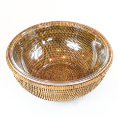 Bowl de vidro 31 cm com suporte em rattan MAYA