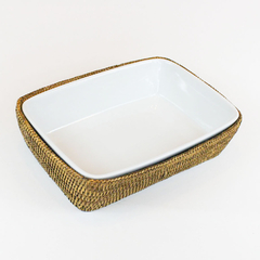 Travessa de porcelana retangular 30 cm com suporte em rattan MAYA - loja online