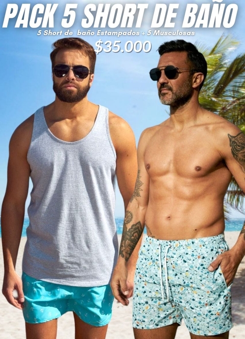 PACK 5 MUSCULOSAS LISAS 5 SHORT DE BAÑO ESTAMPADO