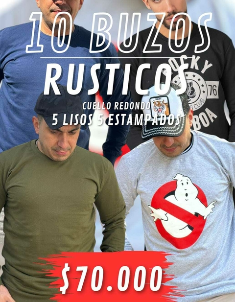 PACK 5 BUZOS RUSTICOS C/R LISOS 5 BUZOS C/R ESTAMPADOS.