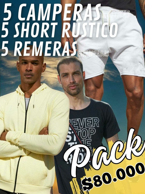 PACK 5 CAMPERAS 5 SHORT RUSTICO SURTIDO 5 REMERAS ESTAMPADAS.
