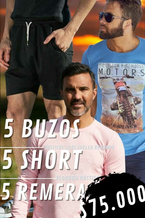 PACK 5 SHORTS RUSTICOS 5 BUZOS RUSTICOS C/R LISOS 5 REMERAS ESTAMPADAS