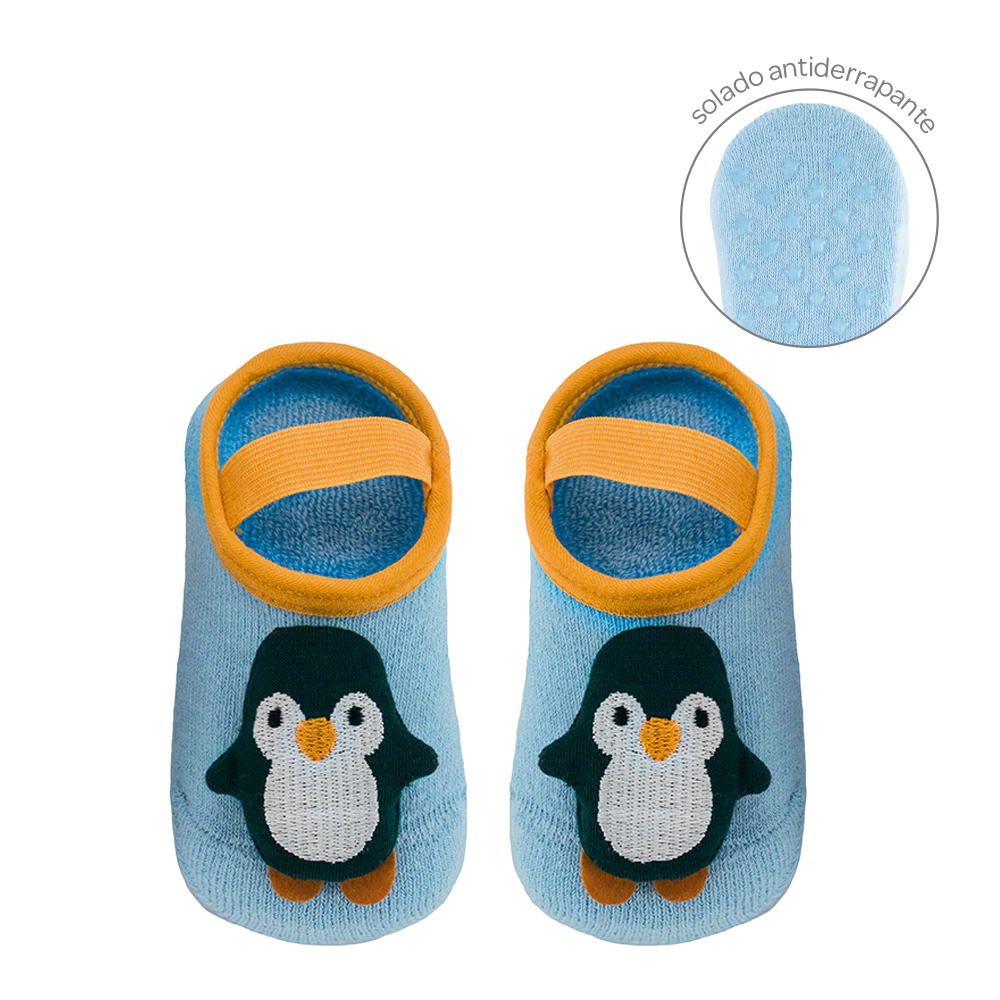 MEIA SAPATILHA ANTI DERRAPANTE COM APLIQUE PINGUIM (6-12 MESES)