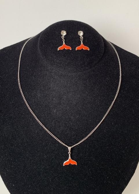 Conj. Brincos com Zirconia + Colar Calda de Sereia Laranja (Aço inox)