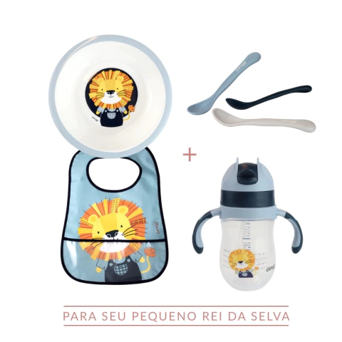 Kit Alimentação Infantil Leão (Copo com Canudo, Babador, Bowl e Colheres) - Clingo