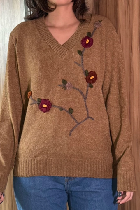 Blusa Tricot Marrom Flor - comprar online