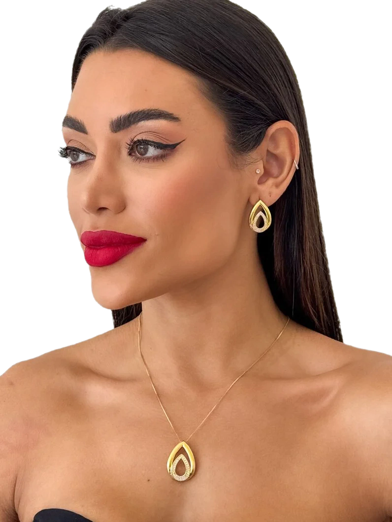 Conjunto Colar e Brinco Gota Vazada Cravejada