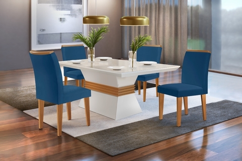 Mesa de Jantar 4 cadeiras 1,20m Com cadeira no estofado azul