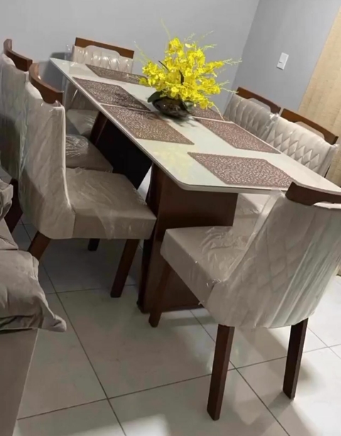 Conjunto Sala de Jantar Mesa com 6 Cadeiras Atena LJ Móveis Castanho Prêmio