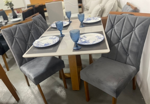 MESA 120 MEL/OFF WHITE COM 4 CADEIRAS MEL/VELUDO GRAFITE – HR MOVELARIA