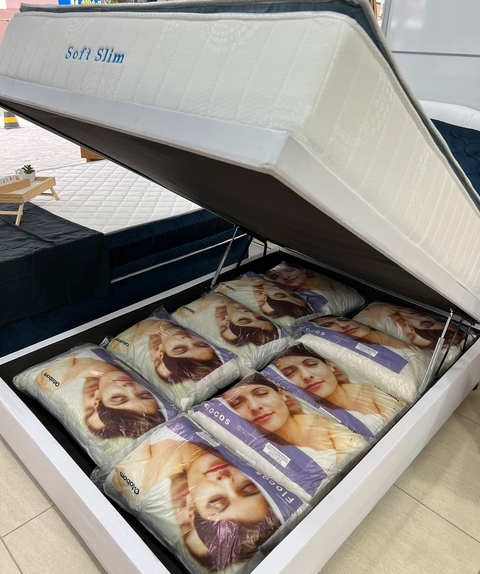 Box Baú Casal +Colchão Casal Molas Ensacadas Softslim Petróleo 138×188 Nosso Sonho Almofadas Grátis