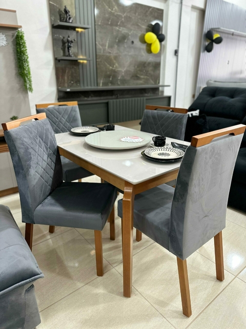 Mesa Egeu 120 com 4 Cadeiras Helena Cinza Mel/Off White – MADESALA