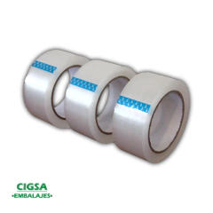 Caja de 36 unidades de cinta de embalar transparente de 48 mm de ancho y 100 metros de largo.