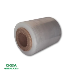 Rollo de film stretch virgen de 10 cm, ideal para embalaje y protección de productos.