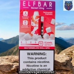 Paquete de Pod Descartable ELFBAR King 40K sabor Watermelon Roll Ups, con advertencias sobre nicotina y niveles de dulzura.