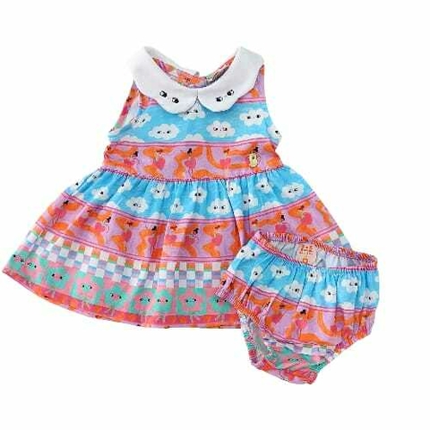 VESTIDO E CALCINHA POP LISTRAS DIVERTIDA ROXO E ROSA