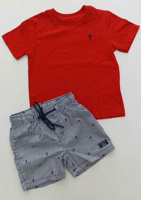CONJUNTO CAMISETA E BERMUDA EM TRICOLINE LISTRADO / GRANADA /