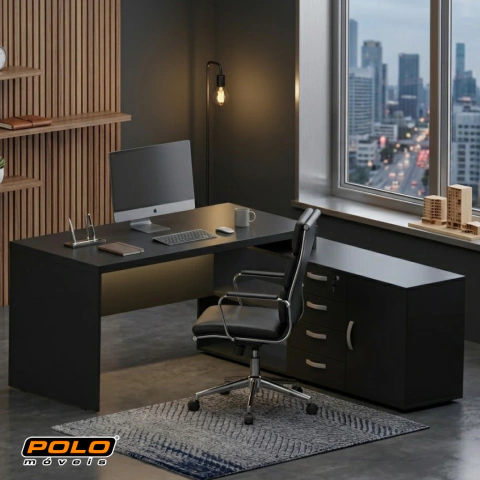 MESA EM L COM ARMARIO CREDENZA - PRETO