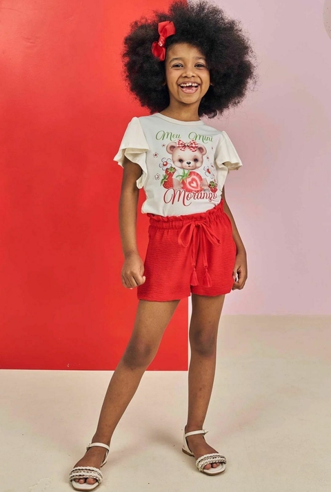 CONJ BLUSA EM COTTON E SHORTS EM CREPE VERMELHO