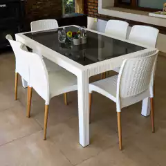 Mesa Indonesia tapa vidrio con silla india pata madera - JN Hogar