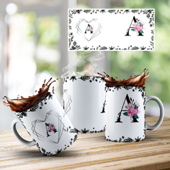 CANECA COM INICIAL DO NOME (ALFABETO FLORAL PRETO)