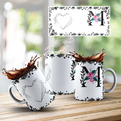 CANECA COM INICIAL DO NOME (ALFABETO FLORAL PRETO)