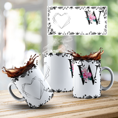 CANECA COM INICIAL DO NOME (ALFABETO FLORAL PRETO)