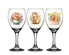 Jogo 3 Taças De Vinho Decorada Capivara Fofa Vidro Personalizada Presente Criativo