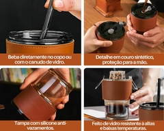 3 Copos Coldre C/ Tampa Hermética + Canudo Capa Couro Luxo - Oro Comércio