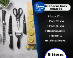 Kit 3 Facas Tubarão Inox Profissional Antiaderente Tesoura & Descascador