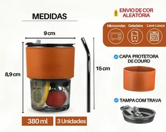 3 Copos Coldre C/ Tampa Hermética + Canudo Capa Couro Luxo - loja online