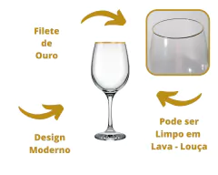 Kit 6 Taça de Vinho Filete de Ouro 490ml - Oro Comércio