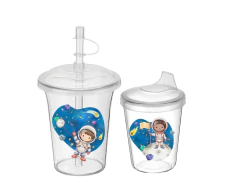 1 Copo Canudo + 1 Copo Bico Transição Temático Astronauta Galáxia