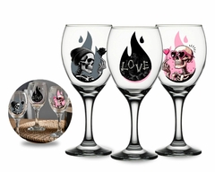 3 Taças Vinho Vidro Resistente 340ml Caveira Estampa Love - comprar online