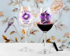 Imagem do Kit 2 Taças Vinho Vidro Estampa Gato Místico Bruxas Magia 465ml