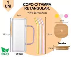 1 Copo Vidro C/ Canudo + Tampa Bambu 350ml - Oro Comércio