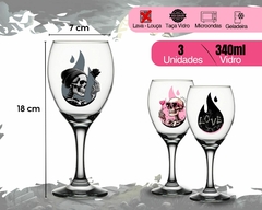3 Taças Vinho Vidro Resistente 340ml Caveira Estampa Love - Oro Comércio