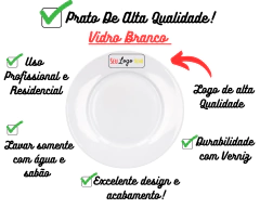 36 Pratos Rasos 26cm de Vidro Branco Personalizado
