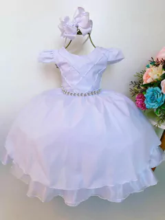 Vestido Infantil Batizado Casamento C/ Cinto Pérola E Tiara