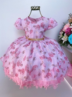 Vestido Rosa Floral Infantil Luxo Aniversário - comprar online