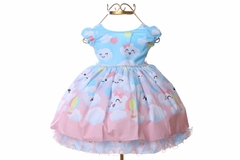 Vestido De Festa Luxo Infantil Nuvem Amor Chuva De Benção Azul C/ Tiara