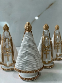 Kit 5 Imagem Nossa Senhora Aparecida 15cm - Branca e Azul - Gesso Maciço com Strass - na internet