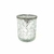 Portavela de vidrio decorativo de 12 cm con diseño facetado y borde metálico.
