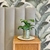 Respaldo canleón de cama en color gris con un jarrón de planta decorativa sobre una mesa de madera.