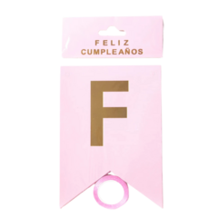 Banderín Feliz cumpleaños Rosa bebé con letras doradas - comprar online