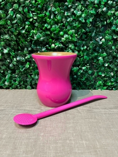 kit Cuia Madeira Bago e Bomba Pintada - Rosa pink brilhante - comprar online
